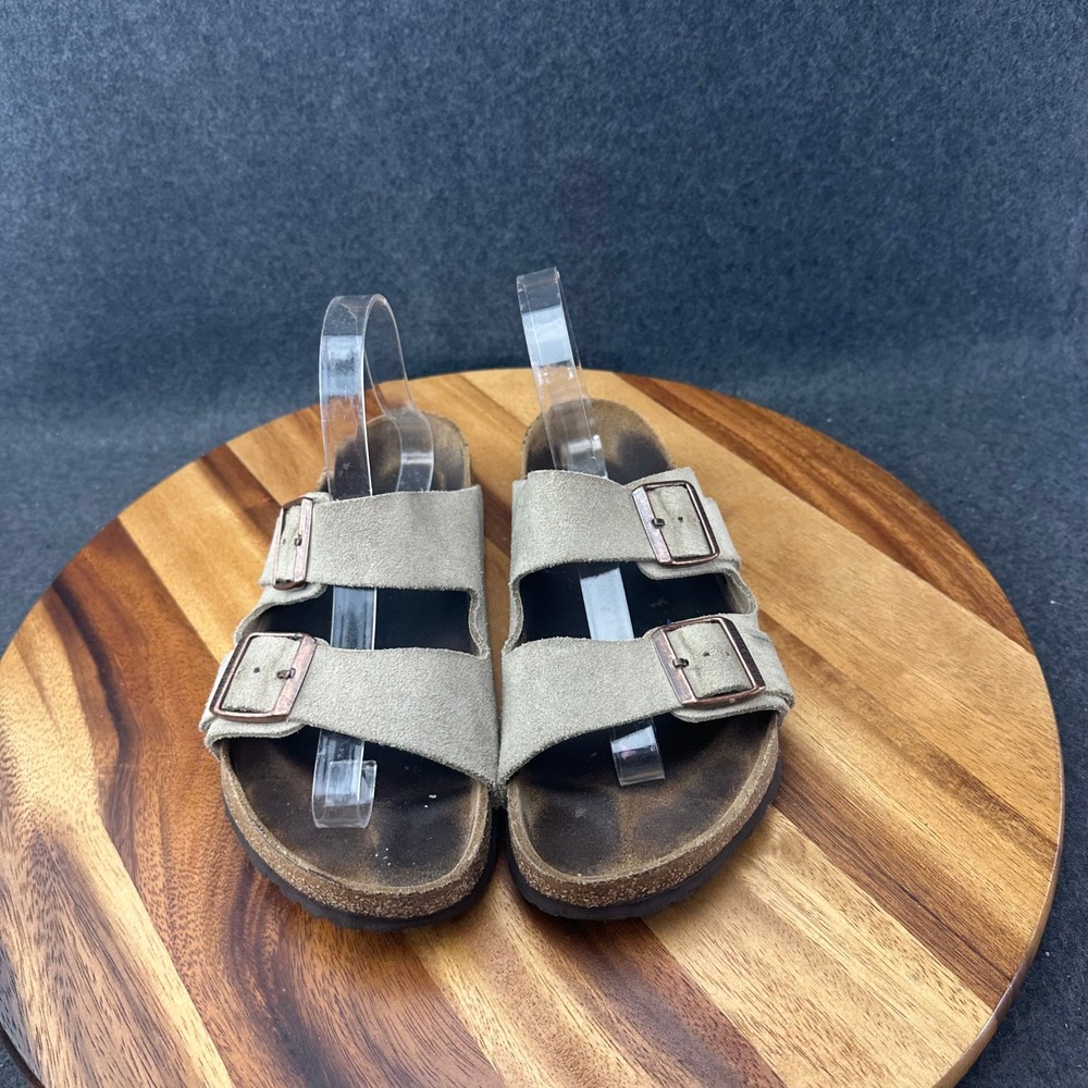 Birkenstock Arizona Suede Sandals Taupe Women Size 8 Two Strap Cork Slide - Picture 5 of 14
